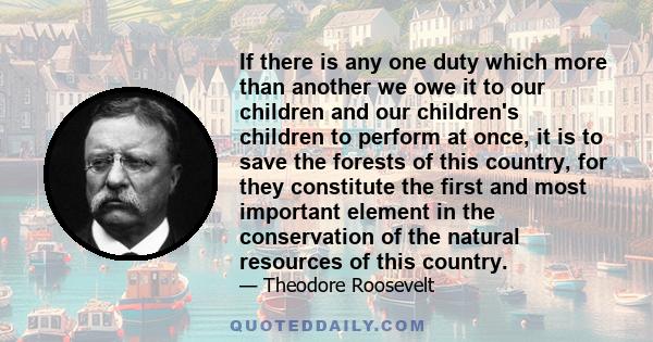 If there is any one duty which more than another we owe it to our children and our children's children to perform at once, it is to save the forests of this country, for they constitute the first and most important