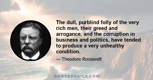 The dull, purblind folly of the very rich men, their greed and arrogance, and the corruption in business and politics, have tended to produce a very unhealthy condition.