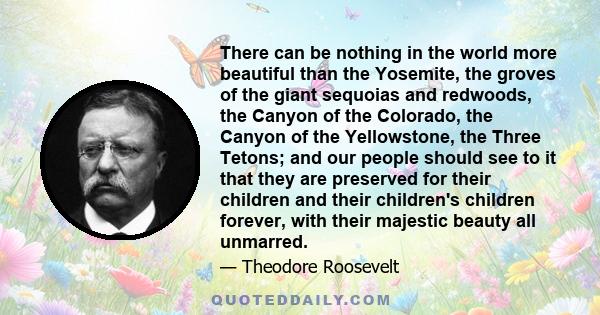 There can be nothing in the world more beautiful than the Yosemite, the groves of the giant sequoias and redwoods, the Canyon of the Colorado, the Canyon of the Yellowstone, the Three Tetons; and our people should see