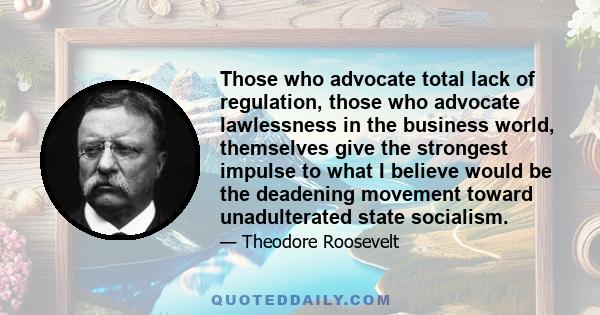 Those who advocate total lack of regulation, those who advocate lawlessness in the business world, themselves give the strongest impulse to what I believe would be the deadening movement toward unadulterated state