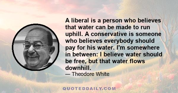 A liberal is a person who believes that water can be made to run uphill. A conservative is someone who believes everybody should pay for his water. I'm somewhere in between: I believe water should be free, but that