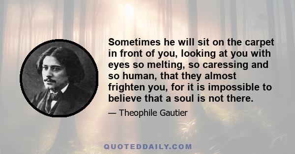 Sometimes he will sit on the carpet in front of you, looking at you with eyes so melting, so caressing and so human, that they almost frighten you, for it is impossible to believe that a soul is not there.