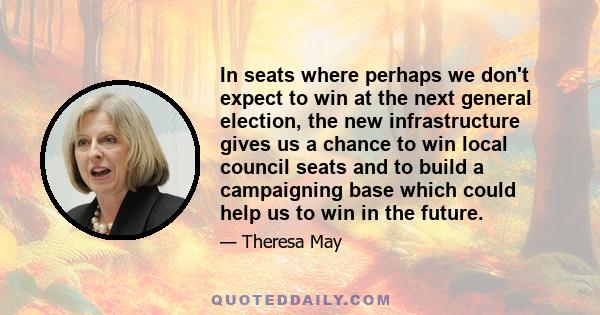 In seats where perhaps we don't expect to win at the next general election, the new infrastructure gives us a chance to win local council seats and to build a campaigning base which could help us to win in the future.