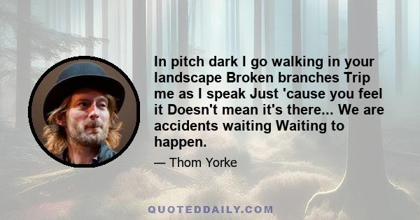 In pitch dark I go walking in your landscape Broken branches Trip me as I speak Just 'cause you feel it Doesn't mean it's there... We are accidents waiting Waiting to happen.