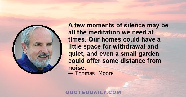 A few moments of silence may be all the meditation we need at times. Our homes could have a little space for withdrawal and quiet, and even a small garden could offer some distance from noise.