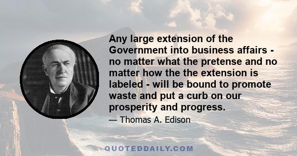 Any large extension of the Government into business affairs - no matter what the pretense and no matter how the the extension is labeled - will be bound to promote waste and put a curb on our prosperity and progress.