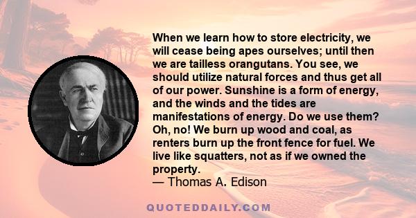 When we learn how to store electricity, we will cease being apes ourselves; until then we are tailless orangutans. You see, we should utilize natural forces and thus get all of our power. Sunshine is a form of energy,