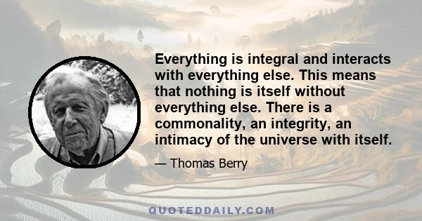 Everything is integral and interacts with everything else. This means that nothing is itself without everything else. There is a commonality, an integrity, an intimacy of the universe with itself.