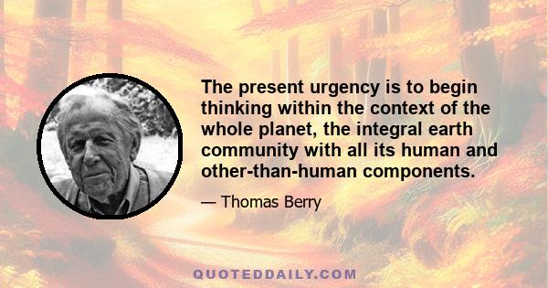 The present urgency is to begin thinking within the context of the whole planet, the integral earth community with all its human and other-than-human components.