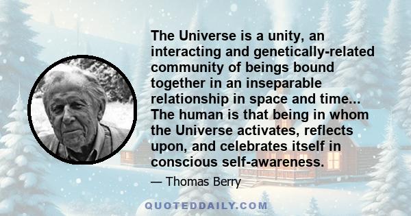 The Universe is a unity, an interacting and genetically-related community of beings bound together in an inseparable relationship in space and time... The human is that being in whom the Universe activates, reflects