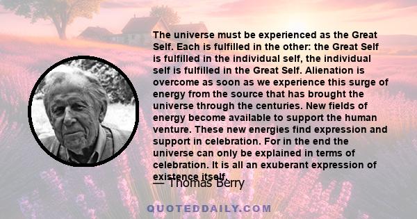 The universe must be experienced as the Great Self. Each is fulfilled in the other: the Great Self is fulfilled in the individual self, the individual self is fulfilled in the Great Self. Alienation is overcome as soon