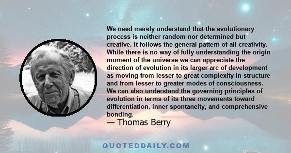 We need merely understand that the evolutionary process is neither random nor determined but creative. It follows the general pattern of all creativity. While there is no way of fully understanding the origin moment of