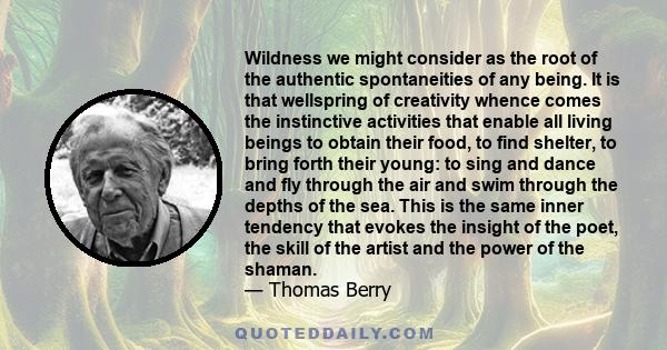 Wildness we might consider as the root of the authentic spontaneities of any being. It is that wellspring of creativity whence comes the instinctive activities that enable all living beings to obtain their food, to find 