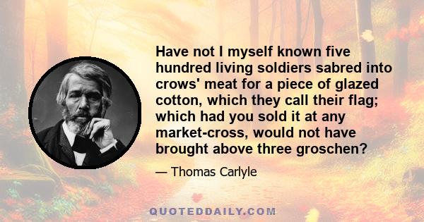 Have not I myself known five hundred living soldiers sabred into crows' meat for a piece of glazed cotton, which they call their flag; which had you sold it at any market-cross, would not have brought above three