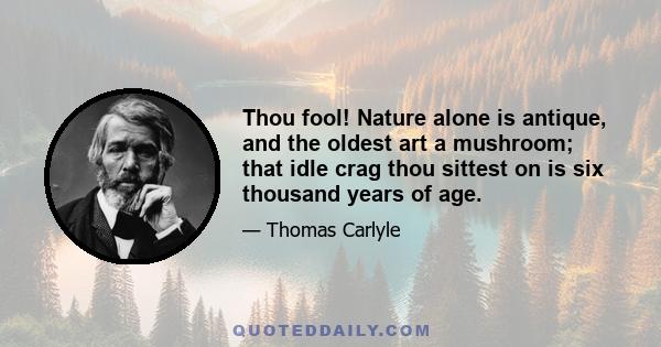 Thou fool! Nature alone is antique, and the oldest art a mushroom; that idle crag thou sittest on is six thousand years of age.