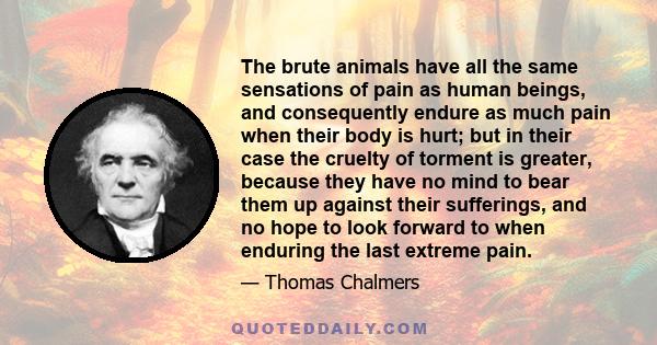 The brute animals have all the same sensations of pain as human beings, and consequently endure as much pain when their body is hurt; but in their case the cruelty of torment is greater, because they have no mind to