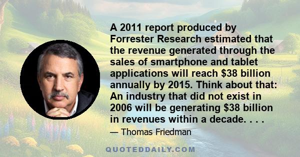 A 2011 report produced by Forrester Research estimated that the revenue generated through the sales of smartphone and tablet applications will reach $38 billion annually by 2015. Think about that: An industry that did