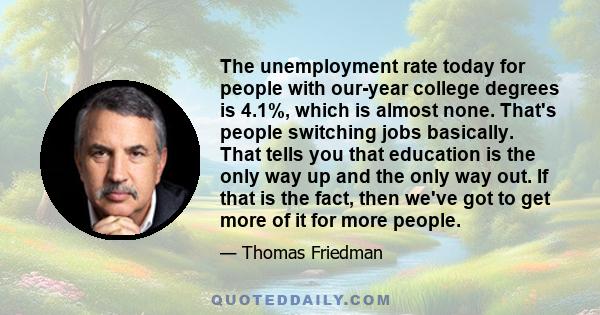 The unemployment rate today for people with our-year college degrees is 4.1%, which is almost none. That's people switching jobs basically. That tells you that education is the only way up and the only way out. If that