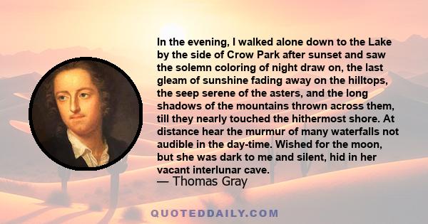 In the evening, I walked alone down to the Lake by the side of Crow Park after sunset and saw the solemn coloring of night draw on, the last gleam of sunshine fading away on the hilltops, the seep serene of the asters,