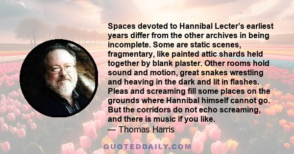 Spaces devoted to Hannibal Lecter’s earliest years differ from the other archives in being incomplete. Some are static scenes, fragmentary, like painted attic shards held together by blank plaster. Other rooms hold