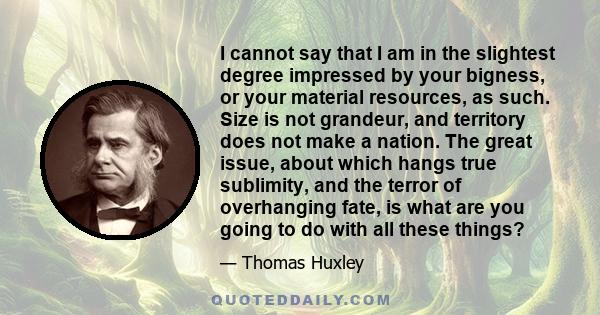 I cannot say that I am in the slightest degree impressed by your bigness, or your material resources, as such. Size is not grandeur, and territory does not make a nation. The great issue, about which hangs true