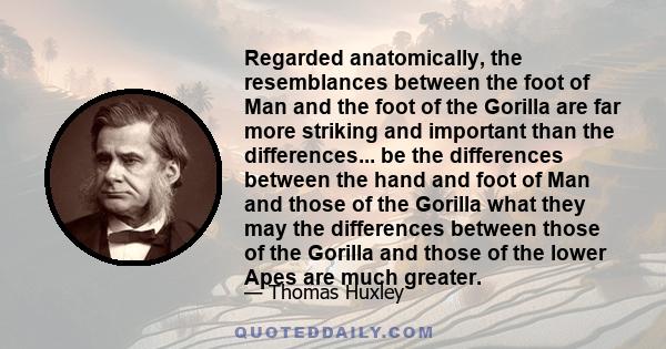 Regarded anatomically, the resemblances between the foot of Man and the foot of the Gorilla are far more striking and important than the differences... be the differences between the hand and foot of Man and those of