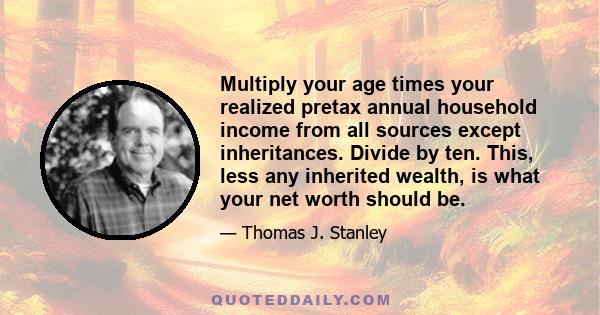 Multiply your age times your realized pretax annual household income from all sources except inheritances. Divide by ten. This, less any inherited wealth, is what your net worth should be.