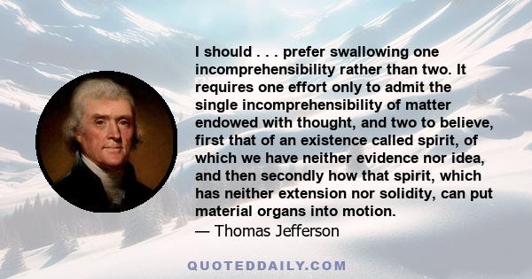 I should . . . prefer swallowing one incomprehensibility rather than two. It requires one effort only to admit the single incomprehensibility of matter endowed with thought, and two to believe, first that of an