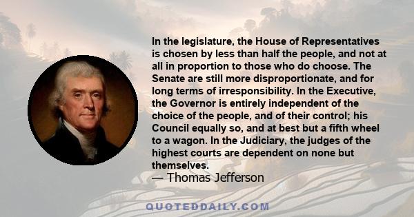 In the legislature, the House of Representatives is chosen by less than half the people, and not at all in proportion to those who do choose. The Senate are still more disproportionate, and for long terms of