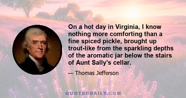 On a hot day in Virginia, I know nothing more comforting than a fine spiced pickle, brought up trout-like from the sparkling depths of the aromatic jar below the stairs of Aunt Sally's cellar.