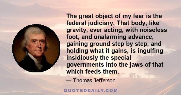 The great object of my fear is the federal judiciary. That body, like gravity, ever acting, with noiseless foot, and unalarming advance, gaining ground step by step, and holding what it gains, is ingulfing insidiously