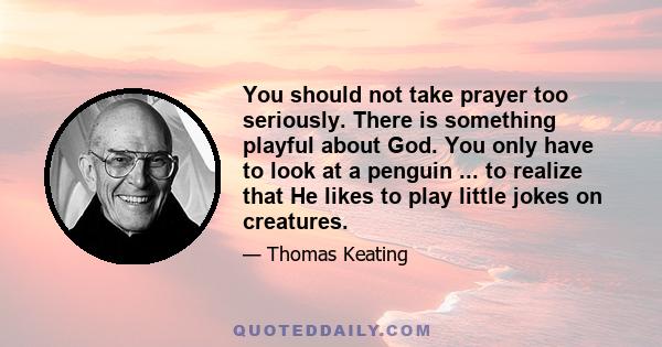 You should not take prayer too seriously. There is something playful about God. You only have to look at a penguin ... to realize that He likes to play little jokes on creatures.