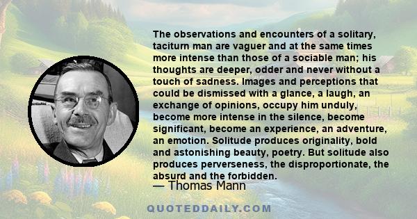 The observations and encounters of a solitary, taciturn man are vaguer and at the same times more intense than those of a sociable man; his thoughts are deeper, odder and never without a touch of sadness. Images and