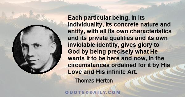 Each particular being, in its individuality, its concrete nature and entity, with all its own characteristics and its private qualities and its own inviolable identity, gives glory to God by being precisely what He