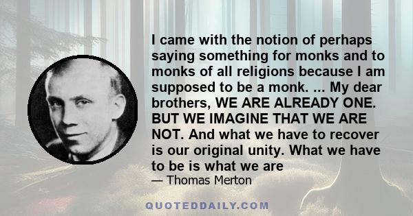 I came with the notion of perhaps saying something for monks and to monks of all religions because I am supposed to be a monk. ... My dear brothers, WE ARE ALREADY ONE. BUT WE IMAGINE THAT WE ARE NOT. And what we have