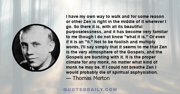 I have my own way to walk and for some reason or other Zen is right in the middle of it wherever I go. So there it is, with all its beautiful purposelessness, and it has become very familiar to me though I do not know