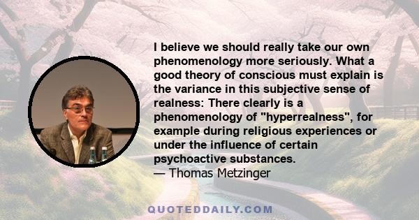 I believe we should really take our own phenomenology more seriously. What a good theory of conscious must explain is the variance in this subjective sense of realness: There clearly is a phenomenology of hyperrealness, 