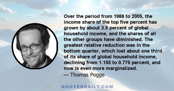 Over the period from 1988 to 2005, the income share of the top five percent has grown by about 3.5 percent of global household income, and the shares of all the other groups have diminished. The greatest relative