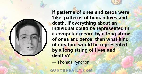 If patterns of ones and zeros were 'like' patterns of human lives and death, if everything about an individual could be represented in a computer record by a long string of ones and zeros, then what kind of creature