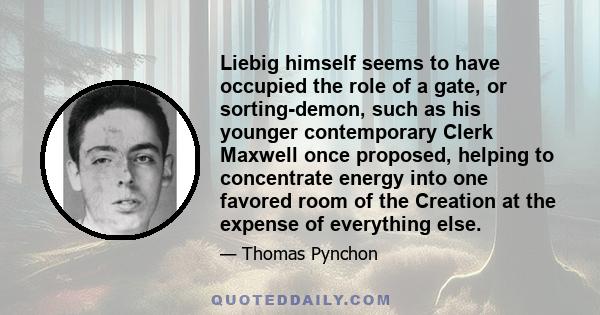 Liebig himself seems to have occupied the role of a gate, or sorting-demon, such as his younger contemporary Clerk Maxwell once proposed, helping to concentrate energy into one favored room of the Creation at the