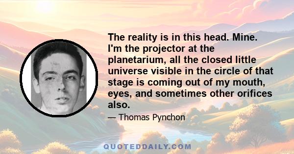 The reality is in this head. Mine. I'm the projector at the planetarium, all the closed little universe visible in the circle of that stage is coming out of my mouth, eyes, and sometimes other orifices also.