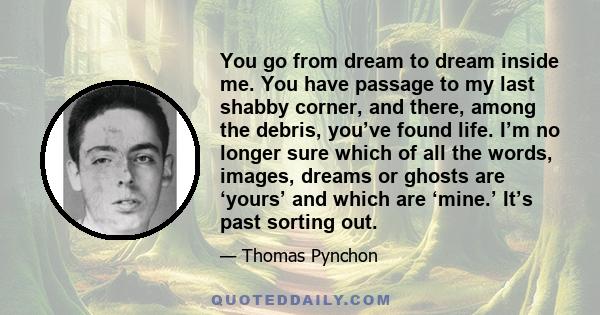 You go from dream to dream inside me. You have passage to my last shabby corner, and there, among the debris, you’ve found life. I’m no longer sure which of all the words, images, dreams or ghosts are ‘yours’ and which