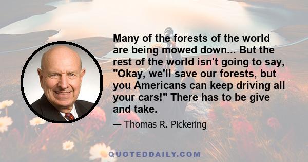 Many of the forests of the world are being mowed down... But the rest of the world isn't going to say, Okay, we'll save our forests, but you Americans can keep driving all your cars! There has to be give and take.