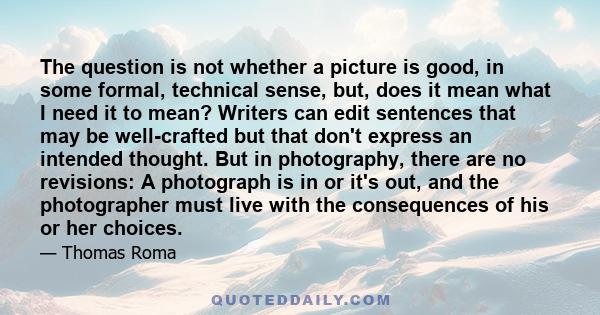 The question is not whether a picture is good, in some formal, technical sense, but, does it mean what I need it to mean? Writers can edit sentences that may be well-crafted but that don't express an intended thought.