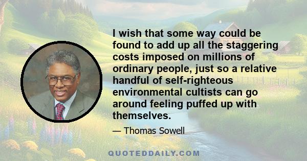 I wish that some way could be found to add up all the staggering costs imposed on millions of ordinary people, just so a relative handful of self-righteous environmental cultists can go around feeling puffed up with