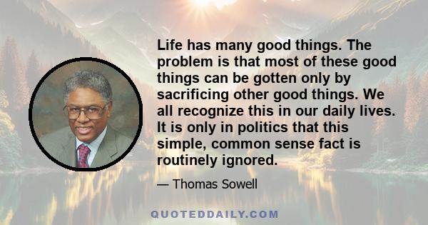 Life has many good things. The problem is that most of these good things can be gotten only by sacrificing other good things. We all recognize this in our daily lives. It is only in politics that this simple, common