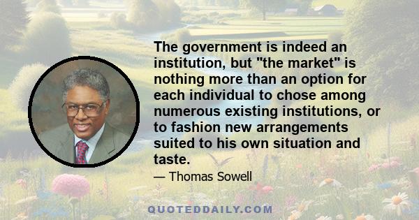 The government is indeed an institution, but the market is nothing more than an option for each individual to chose among numerous existing institutions, or to fashion new arrangements suited to his own situation and