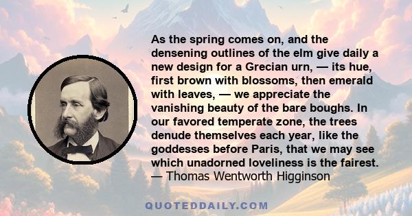 As the spring comes on, and the densening outlines of the elm give daily a new design for a Grecian urn, — its hue, first brown with blossoms, then emerald with leaves, — we appreciate the vanishing beauty of the bare