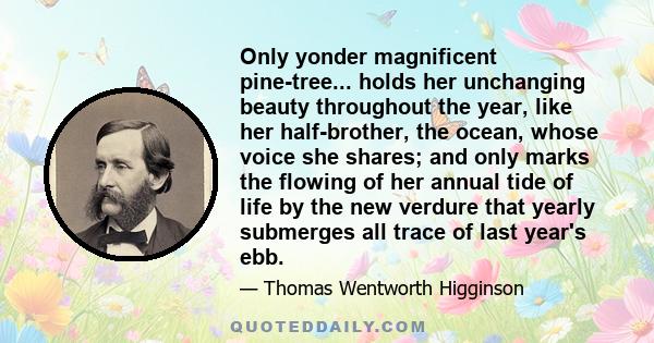 Only yonder magnificent pine-tree... holds her unchanging beauty throughout the year, like her half-brother, the ocean, whose voice she shares; and only marks the flowing of her annual tide of life by the new verdure