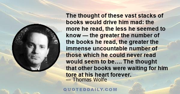 The thought of these vast stacks of books would drive him mad: the more he read, the less he seemed to know — the greater the number of the books he read, the greater the immense uncountable number of those which he